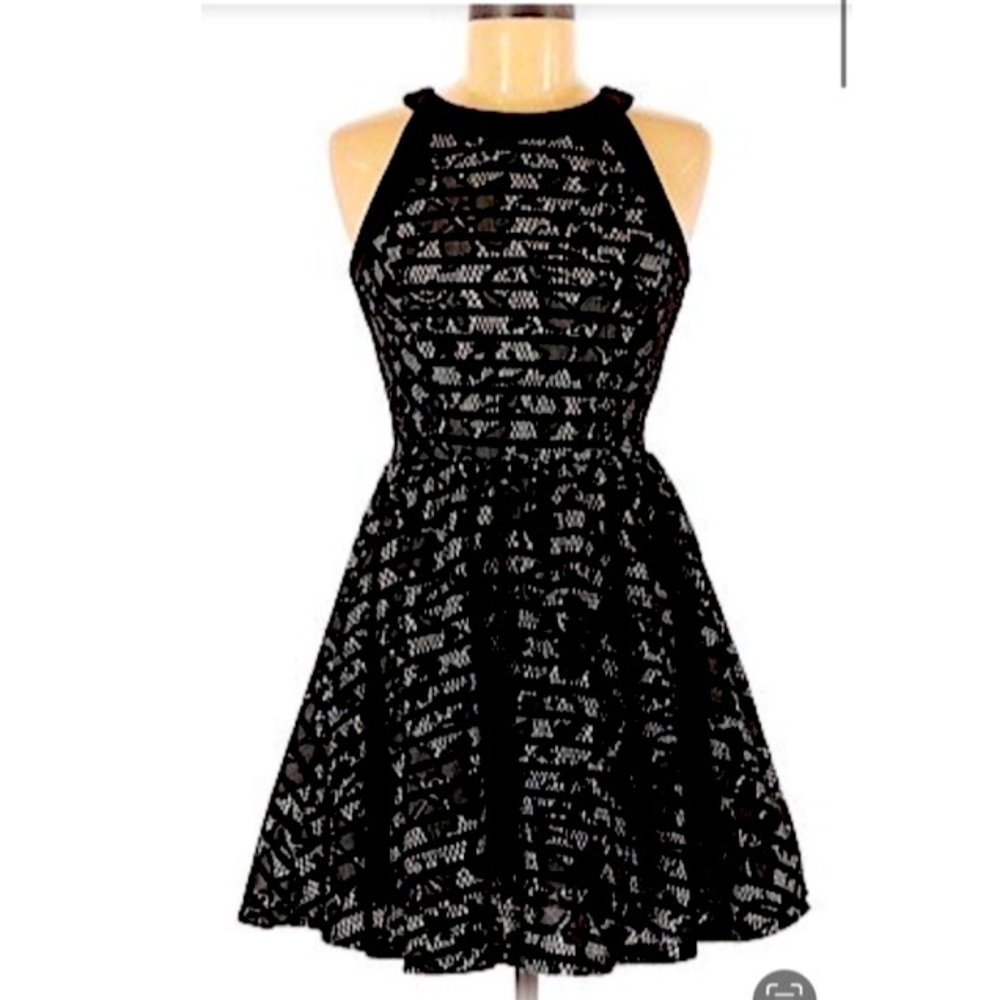 Black and beige lace halter cocktail dress size 7